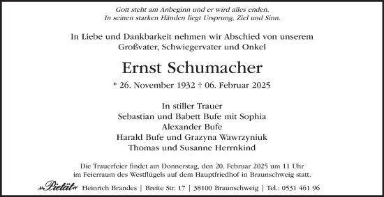 Traueranzeige von Ernst Schumacher von Braunschweiger Zeitung