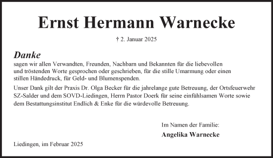 Traueranzeige von Ernst Hermann Warnecke von Peiner Nachrichten