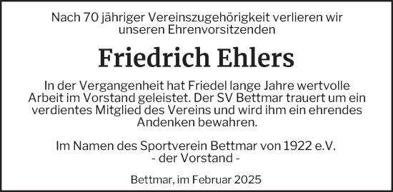 Traueranzeige von Friedrich Ehlers von Peiner Nachrichten
