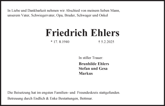 Traueranzeige von Friedrich Ehlers von Peiner Nachrichten