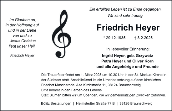 Traueranzeige von Friedrich Heyer von Braunschweiger Zeitung