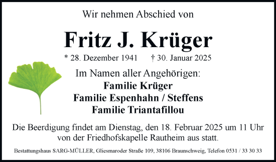 Traueranzeige von Fritz J. Krüger von Braunschweiger Zeitung