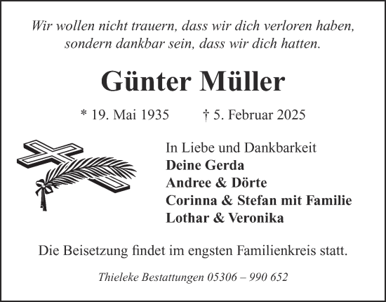 Traueranzeige von Günter Müller von Wolfenbütteler Zeitung
