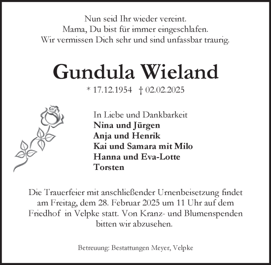 Traueranzeige von Gundula Wieland 