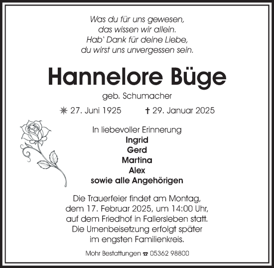 Traueranzeige von Hannelore Büge 