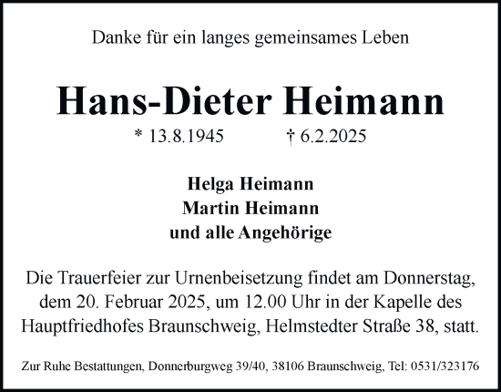 Traueranzeige von Hans-Dieter Heimann von Braunschweiger Zeitung