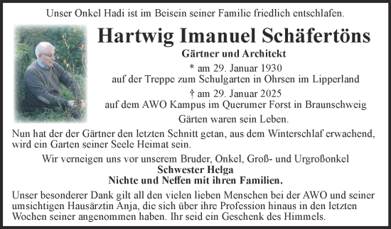 Traueranzeige von Hartwig Imanuel Schäfertöns 
