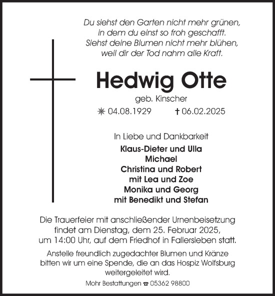 Traueranzeige von Hedwig Otte 