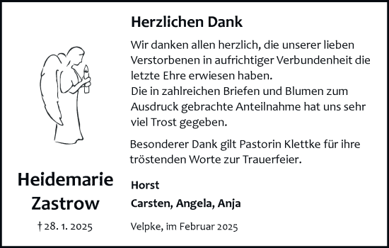Traueranzeige von Heidemarie Zastrow 