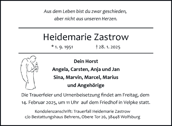 Traueranzeige von Heidemarie Zastrow 