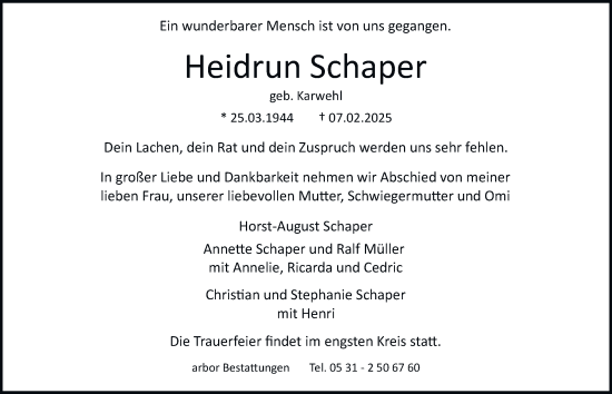 Traueranzeige von Heidrun Schaper von Braunschweiger Zeitung