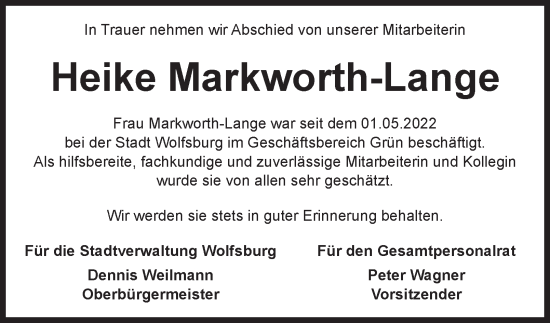 Traueranzeige von Heike Markworth-Lange 