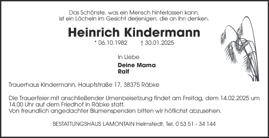 Traueranzeige von Heinrich Kindermann von Helmstedter Nachrichten