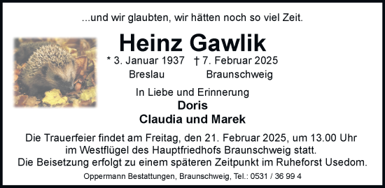 Traueranzeige von Heinz Gawlik von Braunschweiger Zeitung
