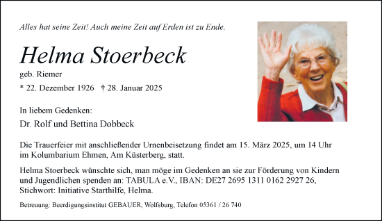 Traueranzeige von Helma Stoerbeck 