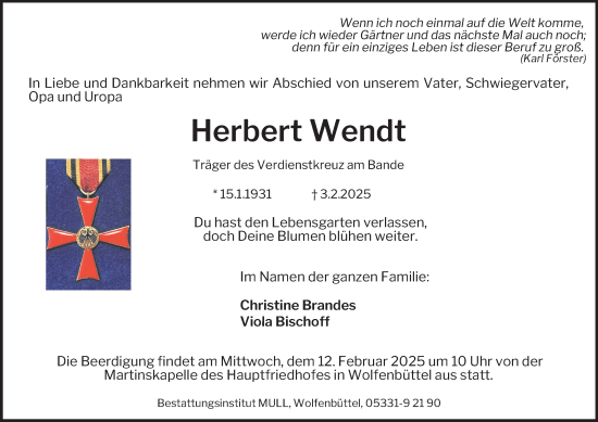 Traueranzeige von Herbert Wendt von Wolfenbütteler Zeitung