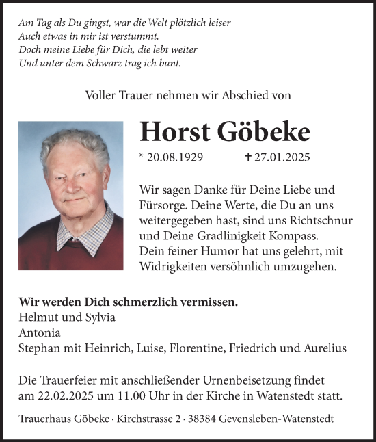 Traueranzeige von Horst Göbeke von Helmstedter Nachrichten