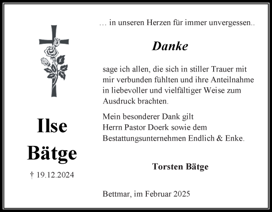 Traueranzeige von Ilse Bätge 