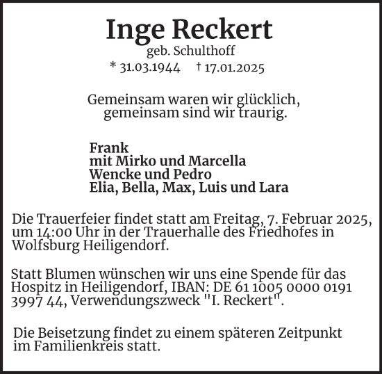 Traueranzeige von Inge Reckert 