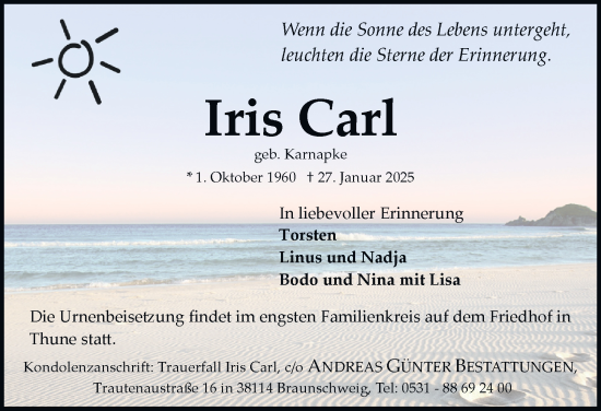 Traueranzeige von Iris Carl 