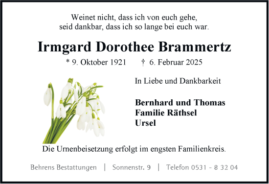 Traueranzeige von Irmgard Dorothee Brammertz 