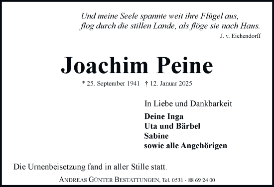 Traueranzeige von Joachim Peine 