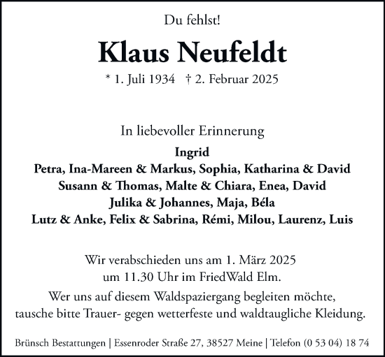Traueranzeige von Klaus Neufeldt 
