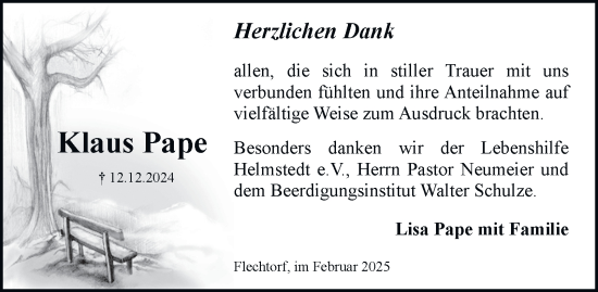 Traueranzeige von Klaus Pape von Helmstedter Nachrichten
