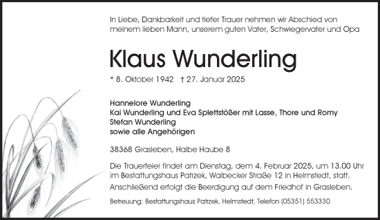 Traueranzeige von Klaus Wunderling von Helmstedter Nachrichten