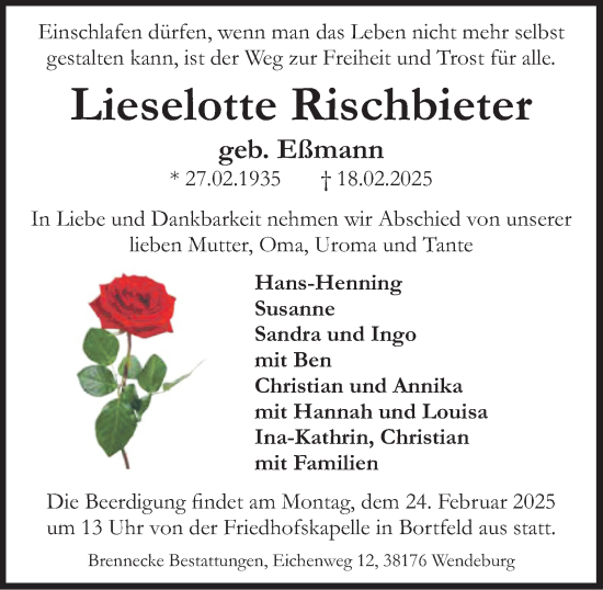 Traueranzeige von Lieselotte Rischbieter von Peiner Nachrichten