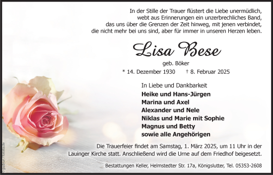 Traueranzeige von Lisa Bese von Helmstedter Nachrichten
