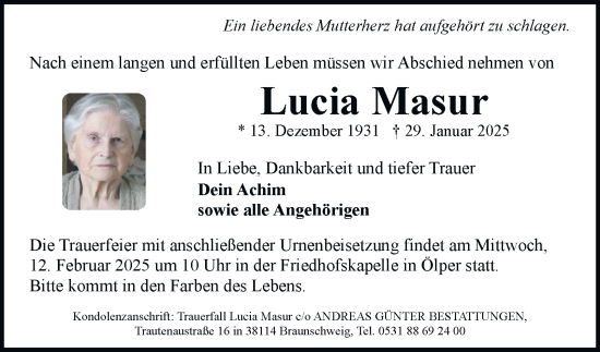 Traueranzeige von Lucia Masur von Braunschweiger Zeitung