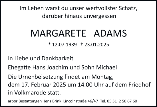 Traueranzeige von Margarete Adams 