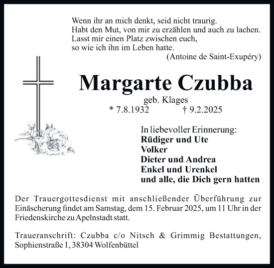 Traueranzeige von Margarete Czubba von Wolfenbütteler Zeitung