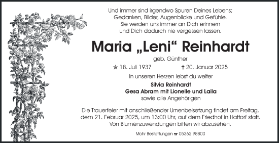 Traueranzeige von Maria  Reinhardt 