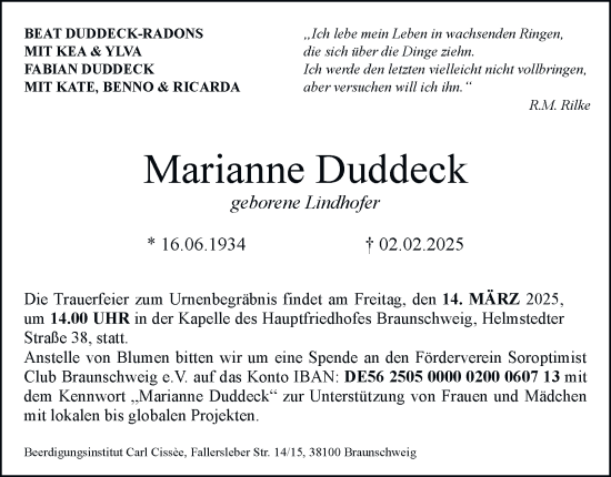 Traueranzeige von Marianne Duddeck 