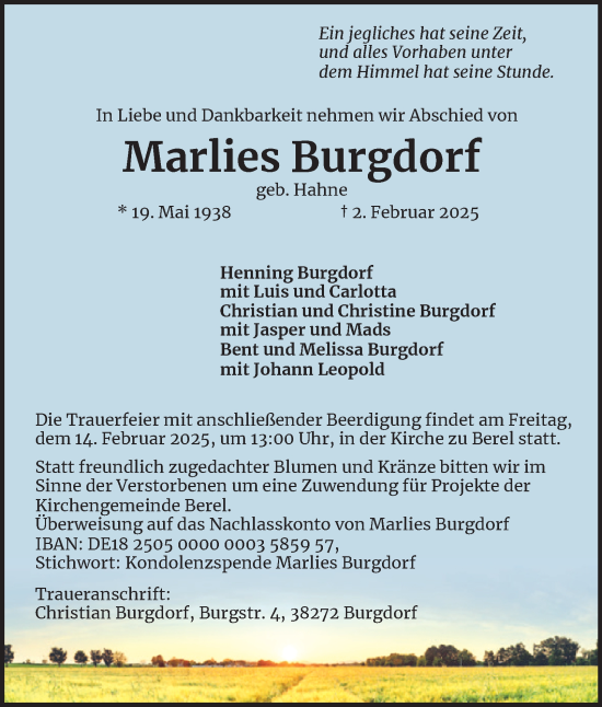 Traueranzeige von Marlies Burgdorf von Salzgitter-Zeitung
