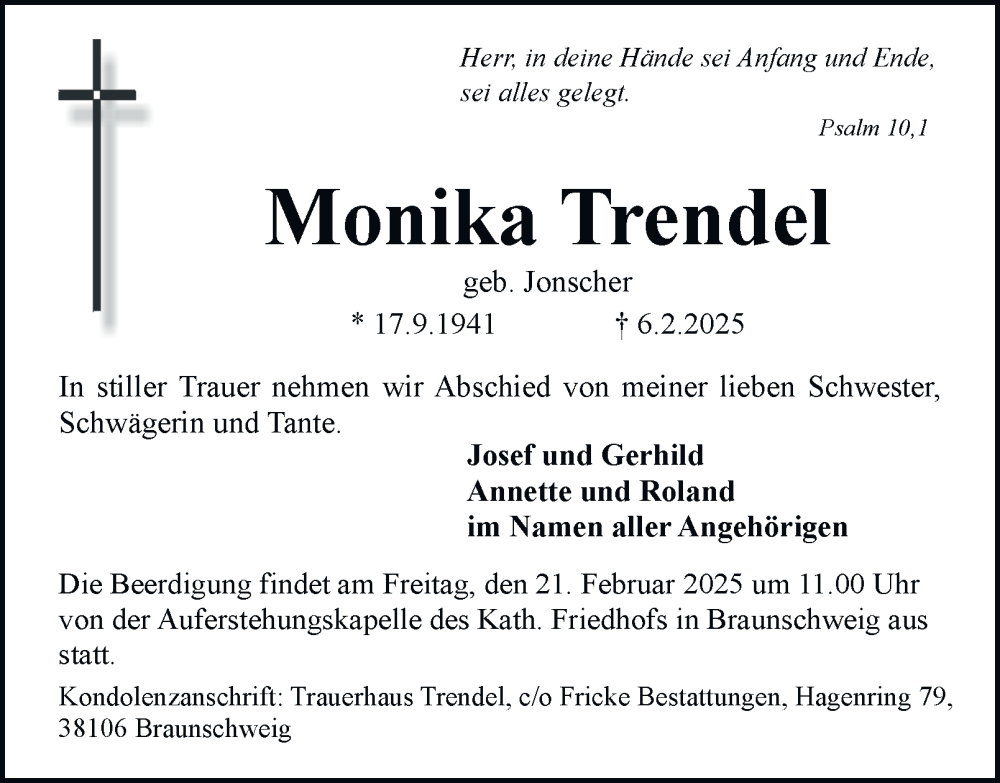  Traueranzeige für Monika Trendel vom 15.02.2025 aus Braunschweiger Zeitung