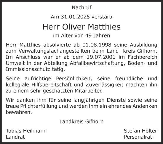 Traueranzeige von Oliver Matthies von Braunschweiger Zeitung, Wolfsburger Nachrichten