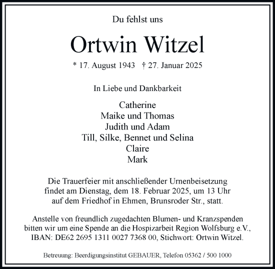 Traueranzeige von Ortwin Witzel 