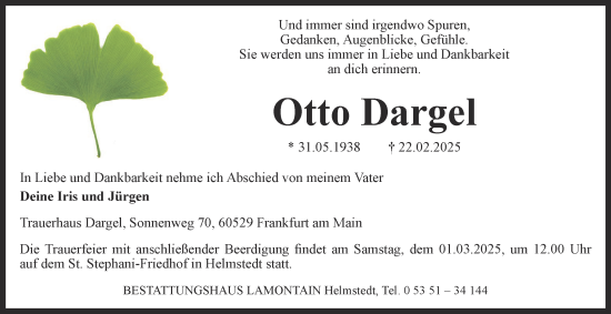 Traueranzeige von Otto Dargel von Helmstedter Nachrichten