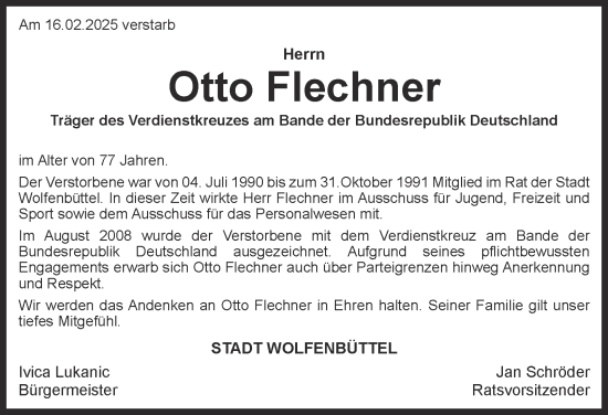 Traueranzeige von Otto Flechner von Wolfenbütteler Zeitung