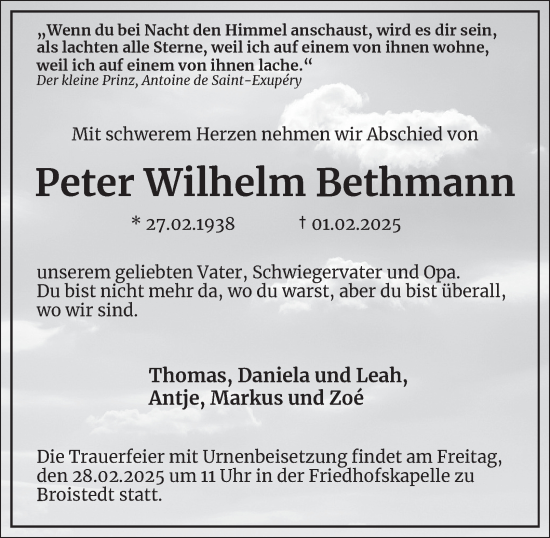 Traueranzeige von Peter Wilhelm Bethmann 