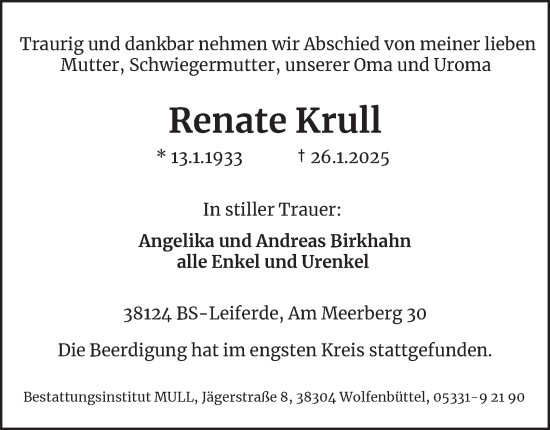 Traueranzeige von Renate Krull 