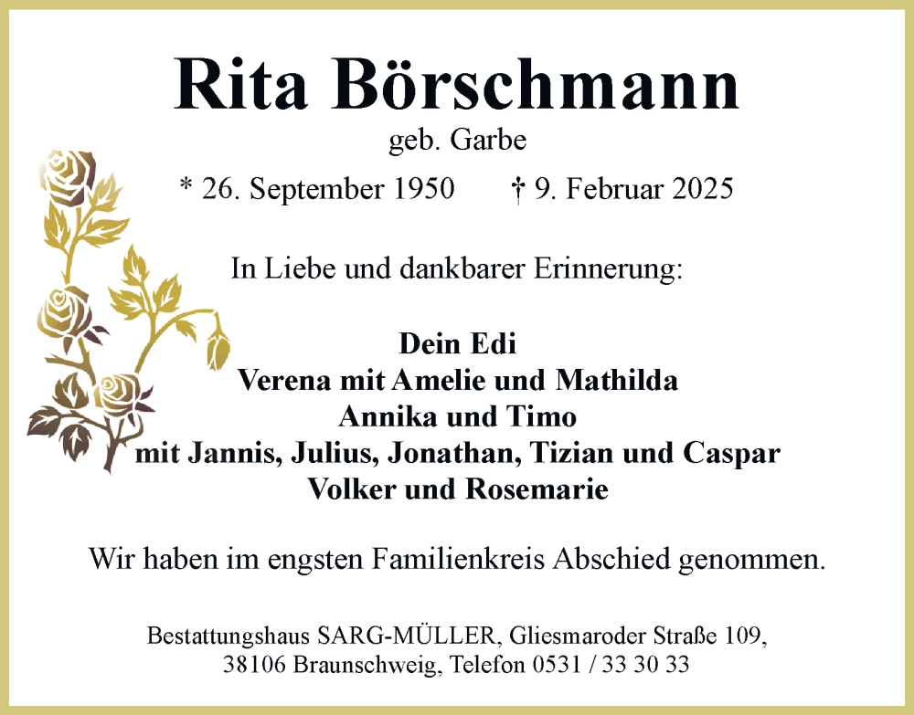  Traueranzeige für Rita Börschmann vom 15.02.2025 aus 