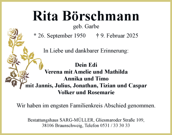 Traueranzeige von Rita Börschmann von Braunschweiger Zeitung
