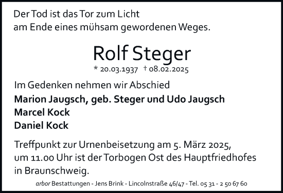 Traueranzeige von Rolf Steger von Braunschweiger Zeitung
