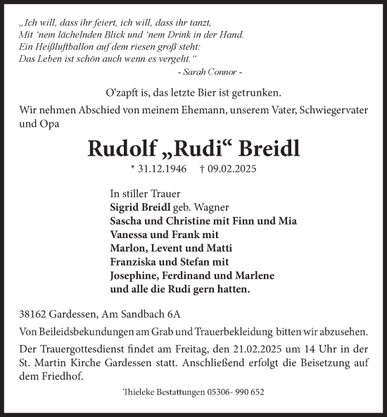 Traueranzeige von Rudolf Breidl von Wolfenbütteler Zeitung