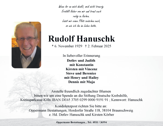 Traueranzeige von Rudolf Hanuschk von Braunschweiger Zeitung
