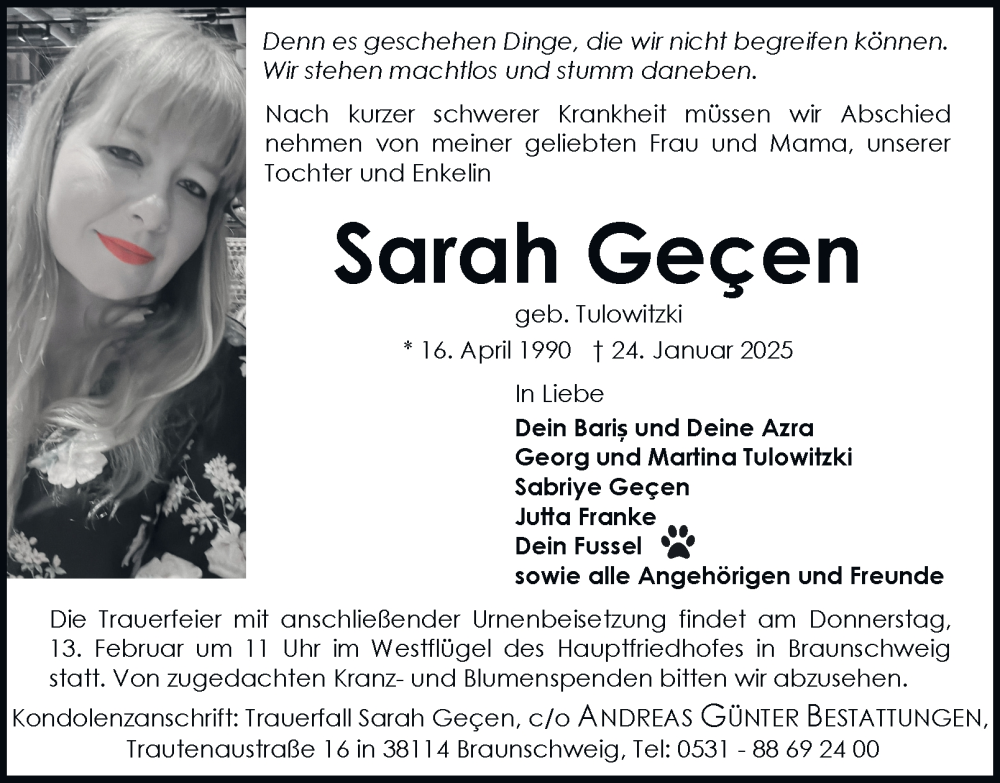  Traueranzeige für Sarah Gecen vom 01.02.2025 aus 